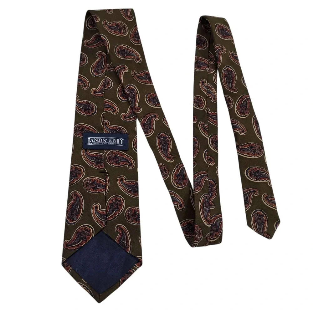 Lands' End Silk Necktie Men's Brown Blue Red Paisley Designer Casual‎ Business